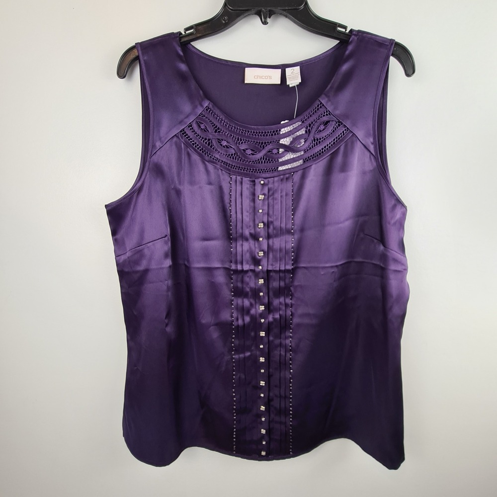 Chico's Wild Grape Purple Satin Diamond Pleat Shell Niko Tank Top Size 2 New